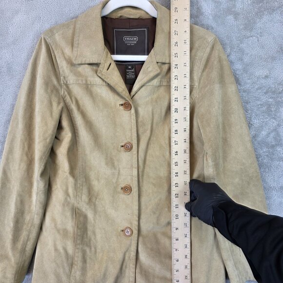 Coach Jacket Womens Medium Beige Suede Leather Button Front Lined Coat Pockets - Picture 4 of 16